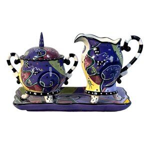 vtg Spiral hand hand painted creamer and‎ sugar bowl set whimsy alice/wonderland